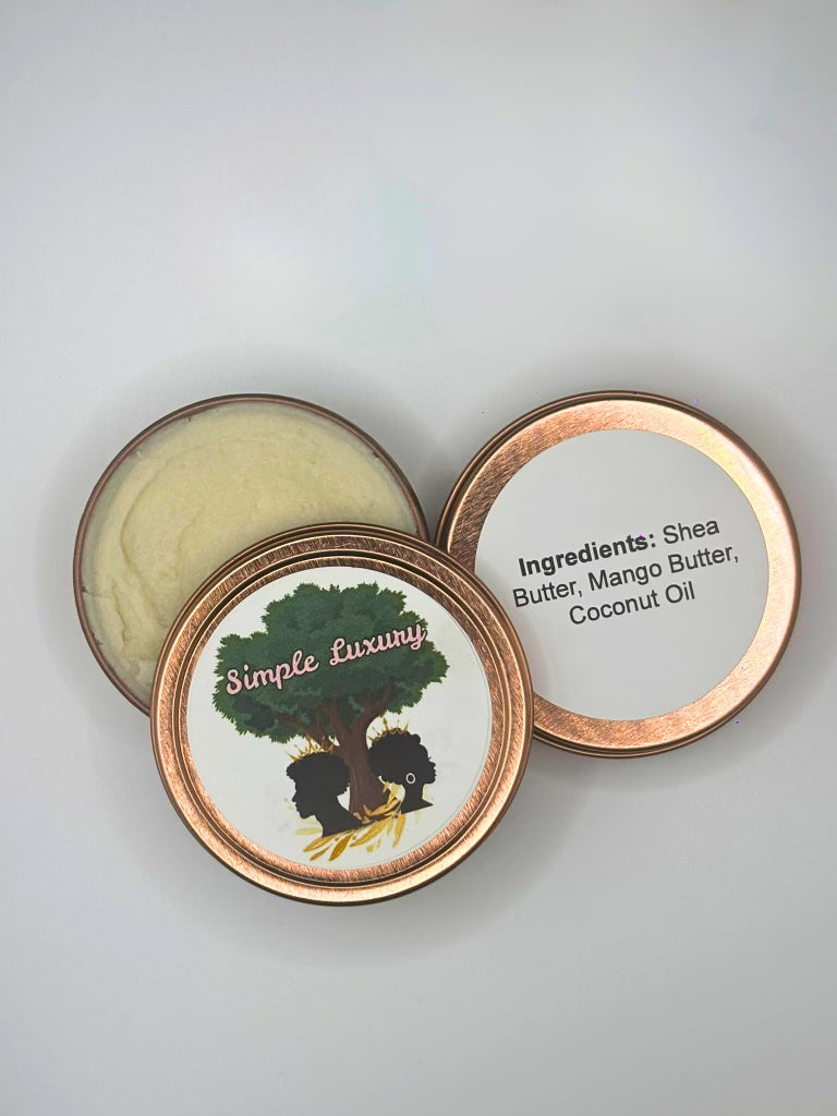 Shea butter container with 'Simple Luxury' branding and ingredients listed.